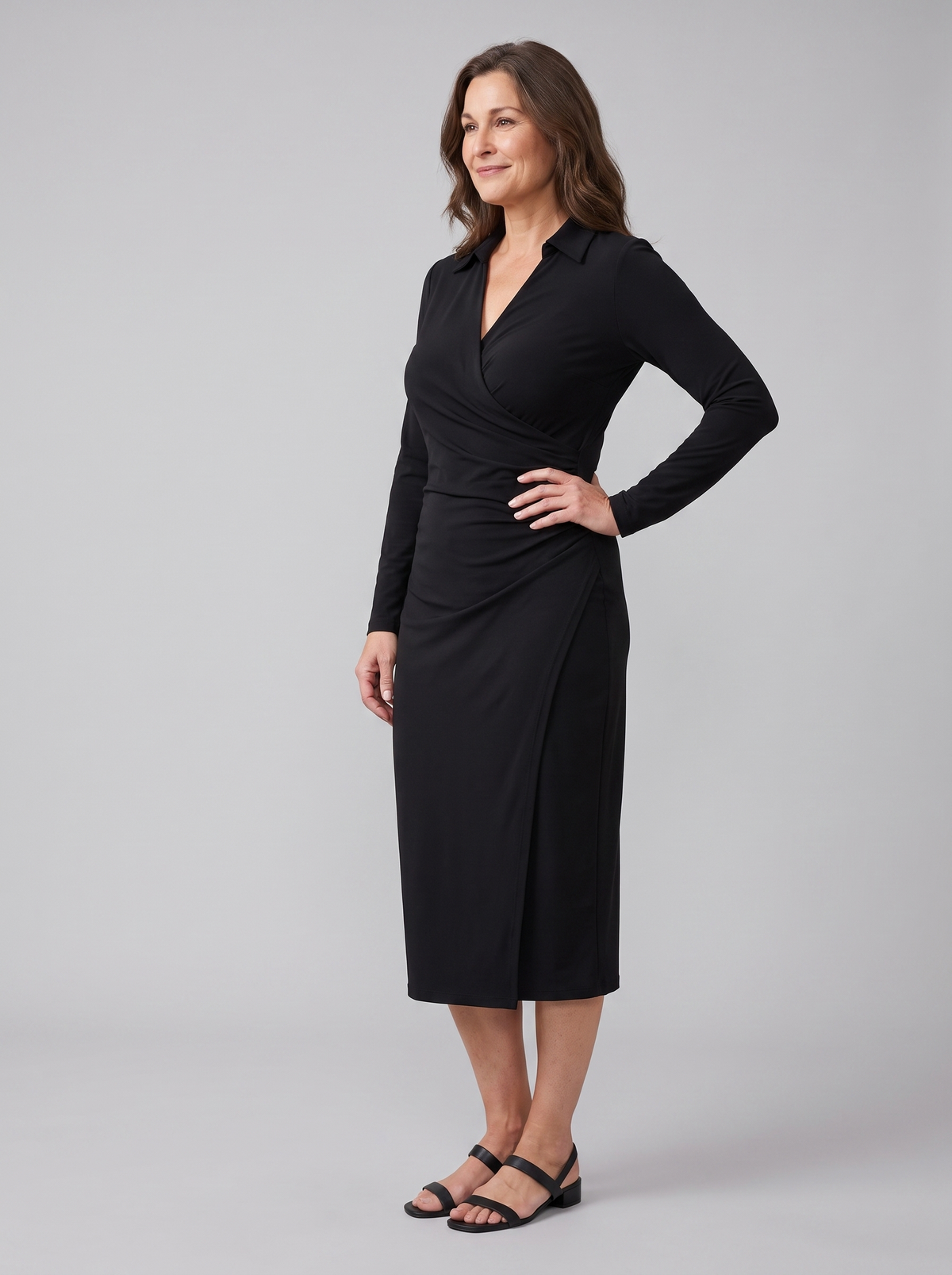 Isla wrap midi dress in black on model