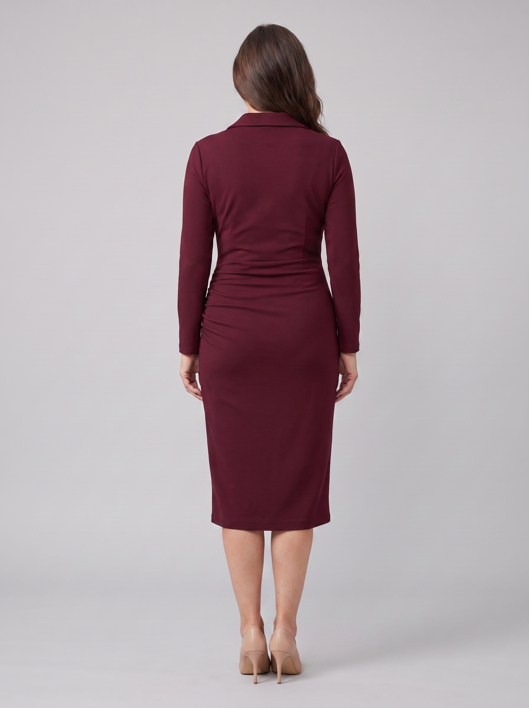 Isla burgundy wrap midi dress, back view on model