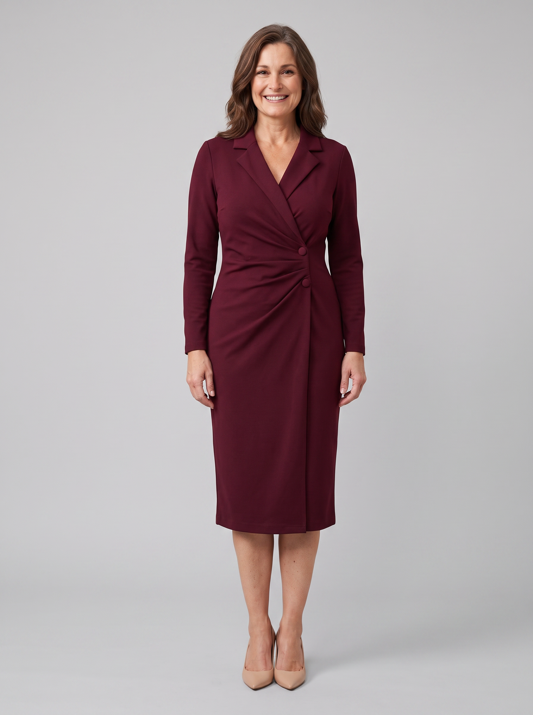 Isla burgundy wrap midi dress with tie waist on model