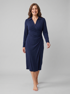 Isla wrap midi dress in navy on model