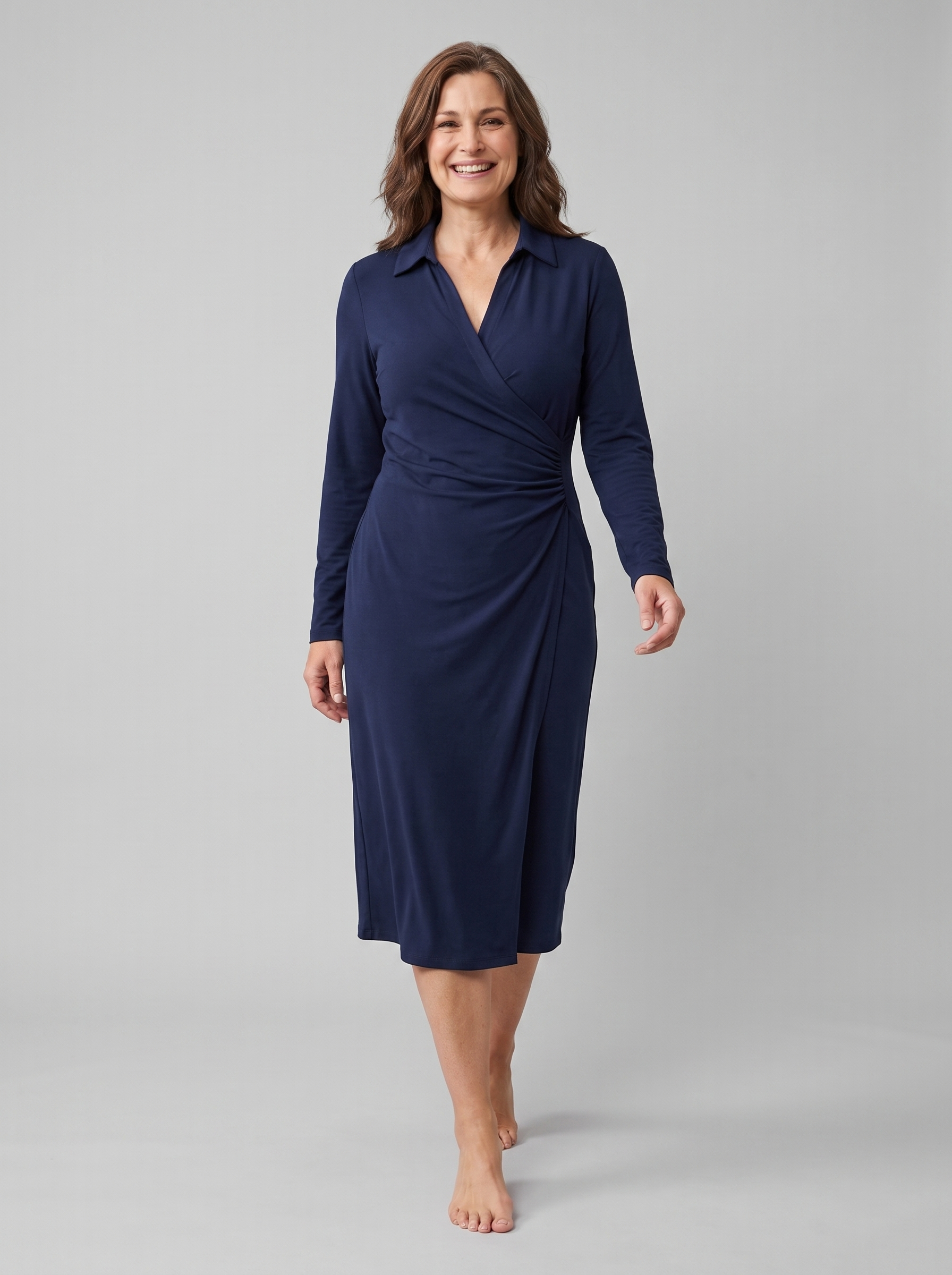 Isla wrap midi dress in navy on model