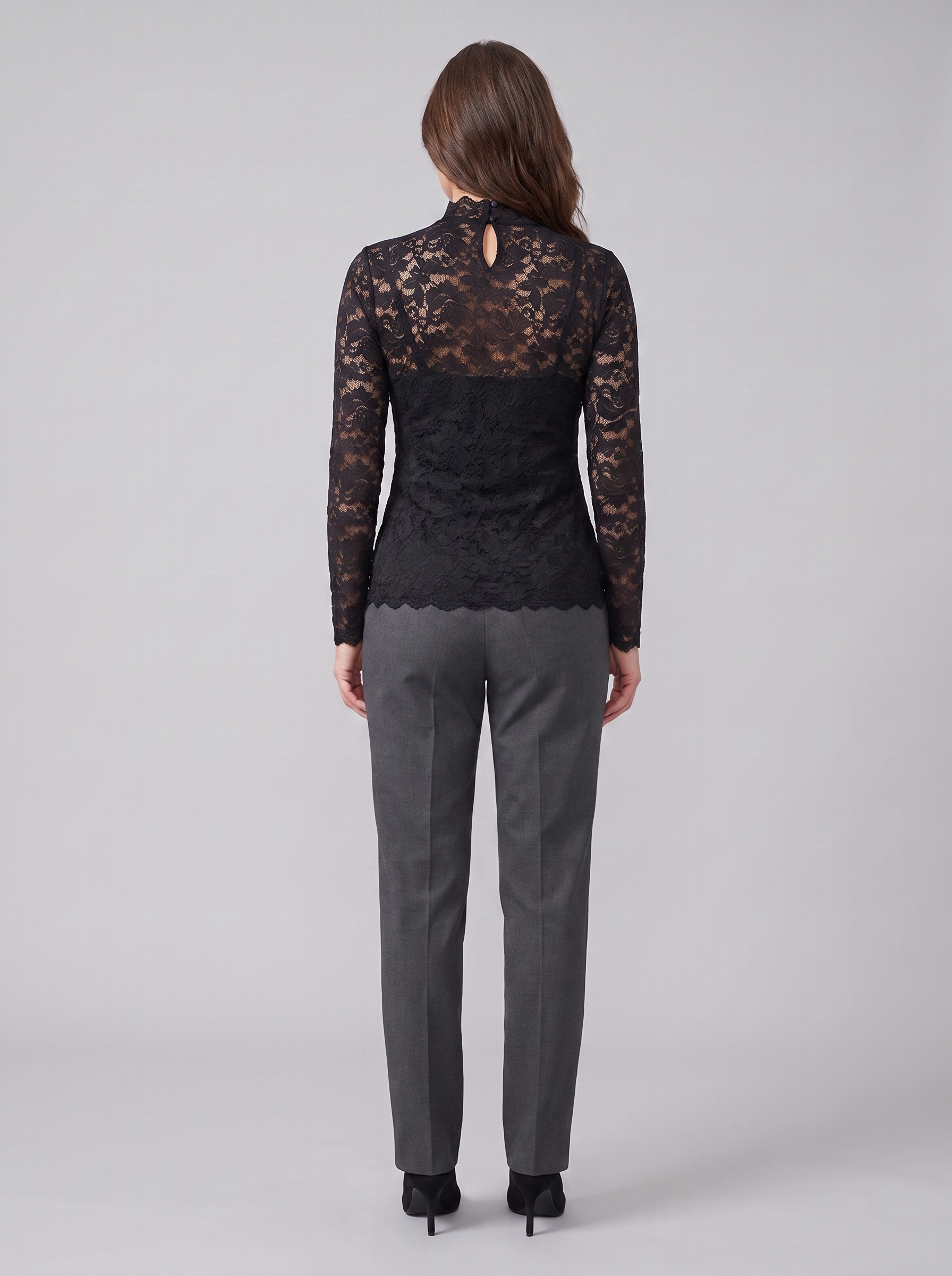 Isolde floral lace high-neck blouse in black, back view on model