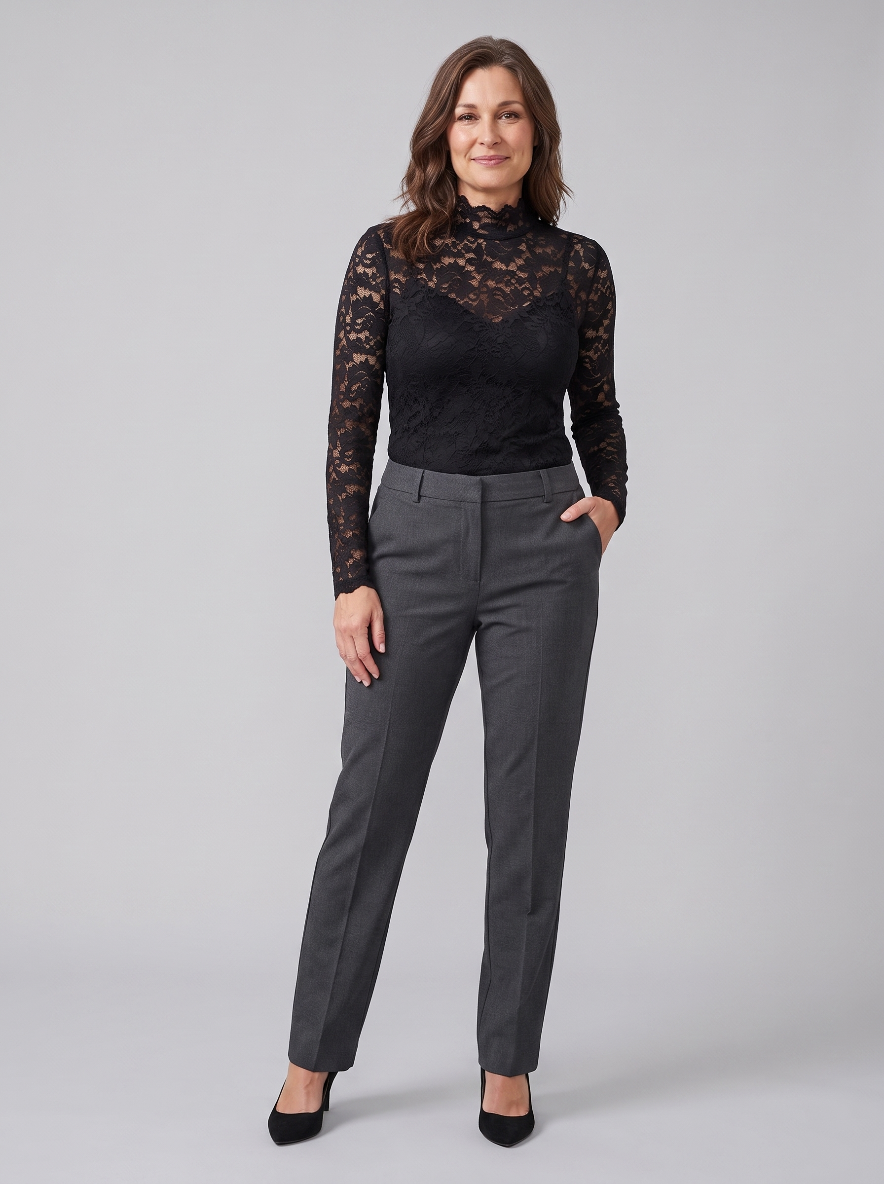 Isolde floral lace high-neck blouse in black on model