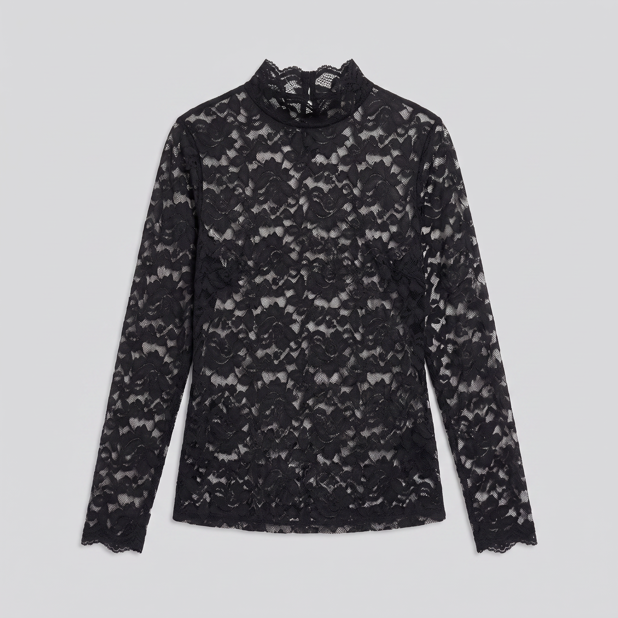 Isolde floral lace high-neck blouse in black, flat lay product shot