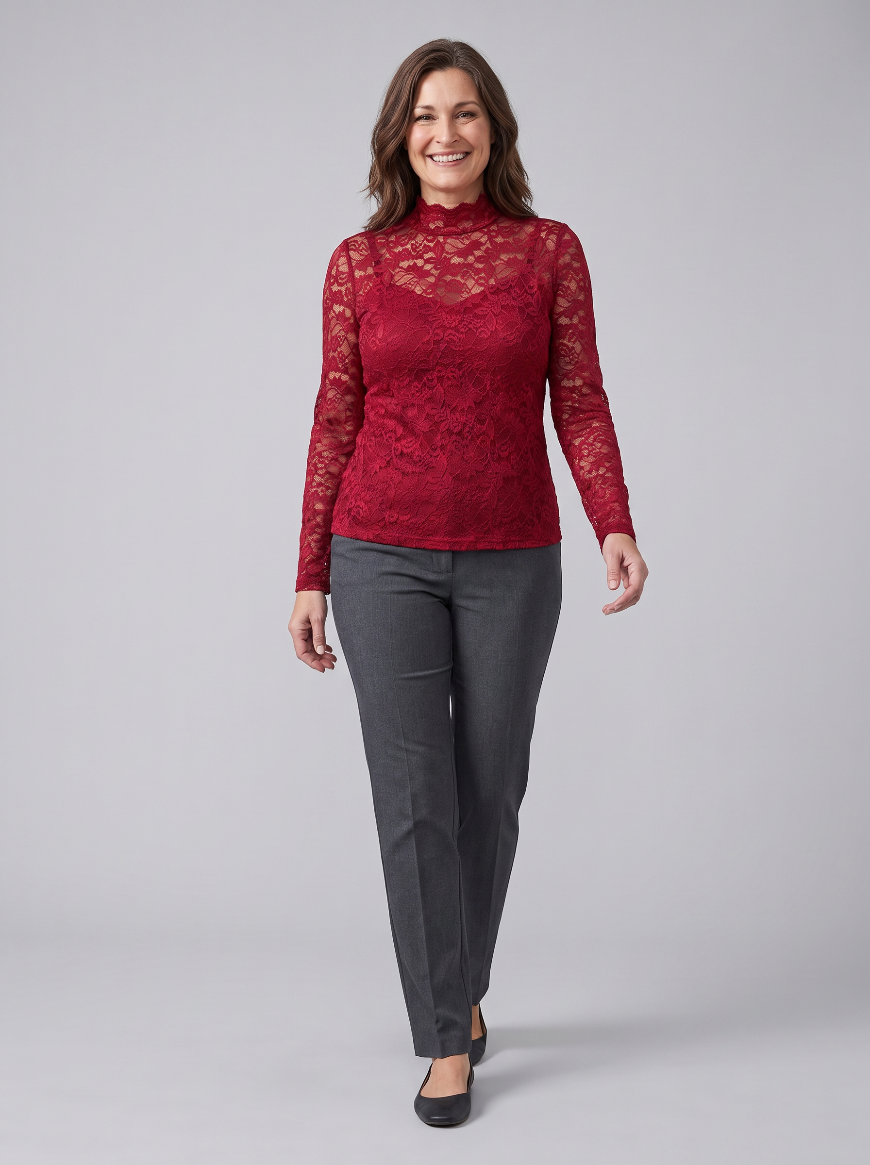 Isolde floral lace high-neck blouse in red on model