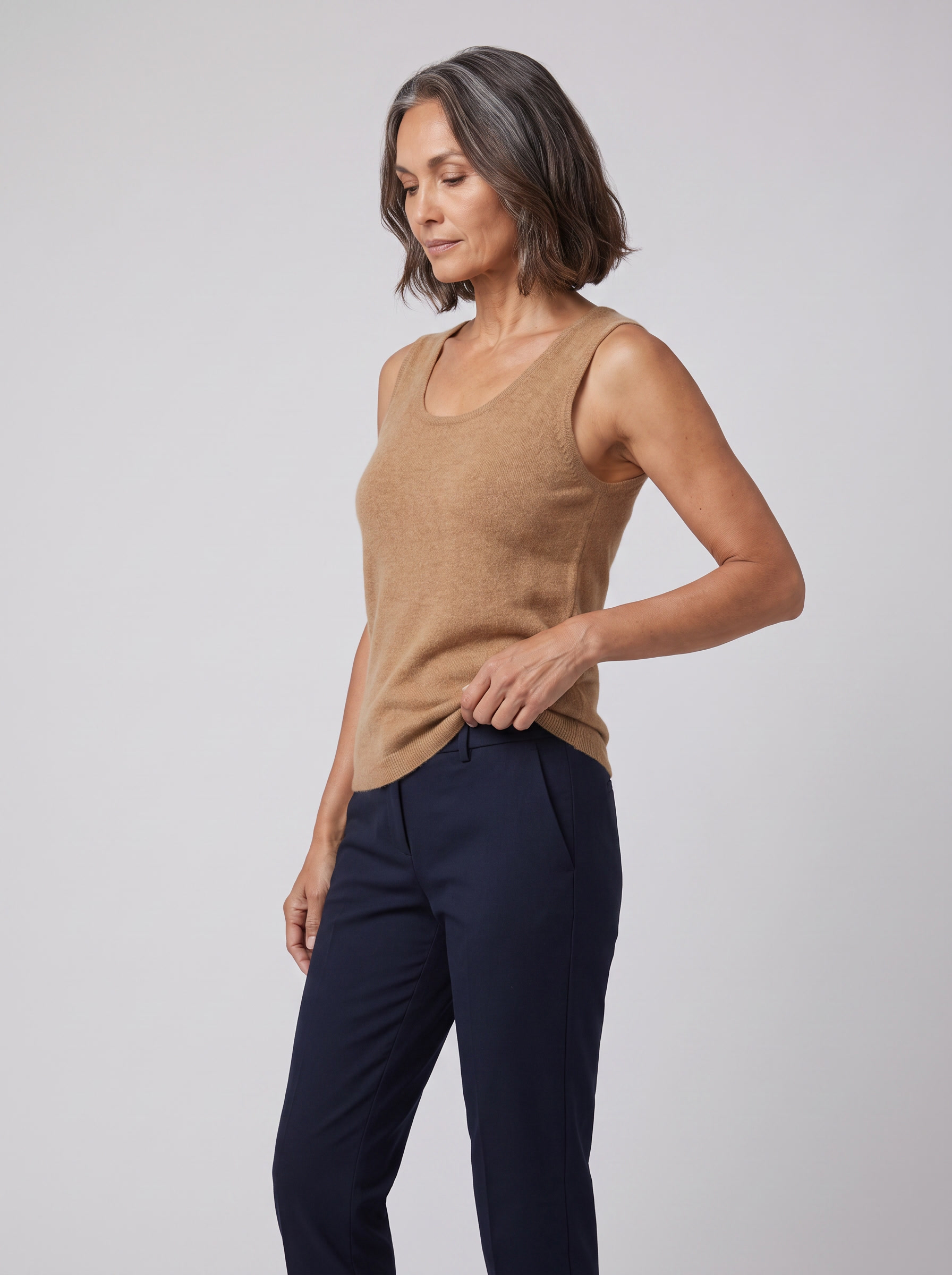 Ivanna cashmere-blend sleeveless knit vest in camel on model
