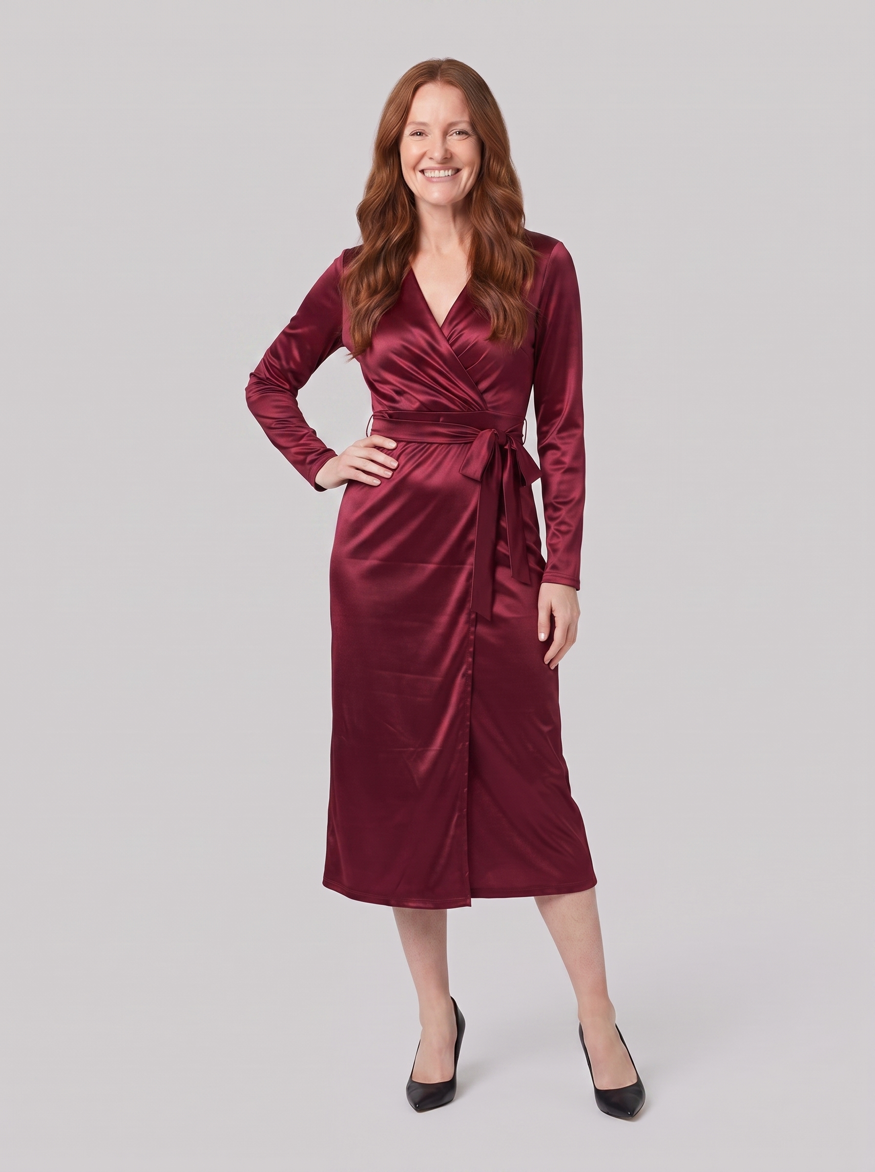 Ivette burgundy wrap dress with long sleeves, front view on model