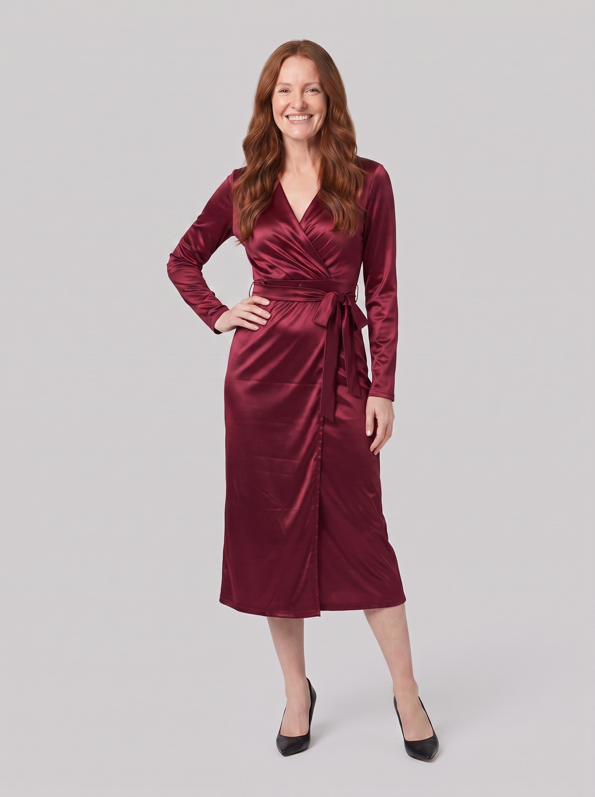 Ivette burgundy wrap dress with long sleeves, front view on model