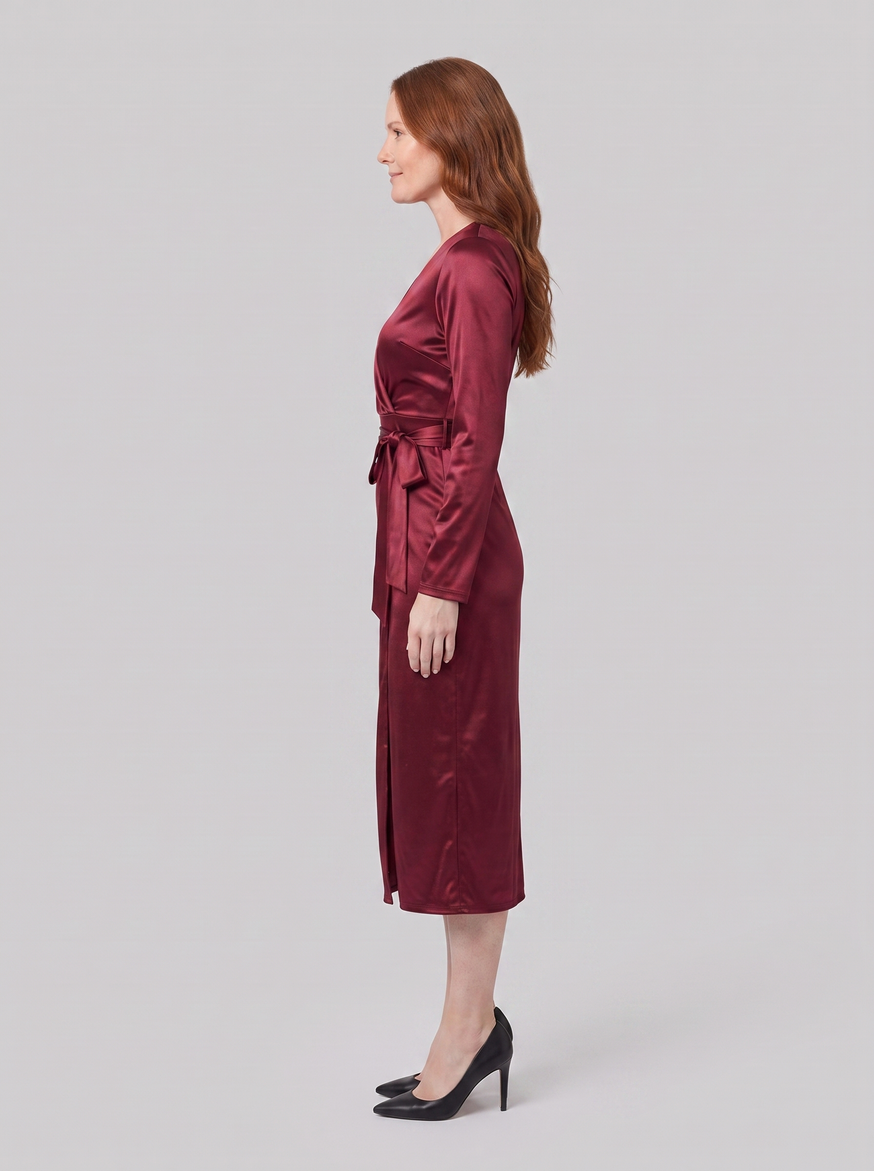 Ivette burgundy wrap dress, side view on model