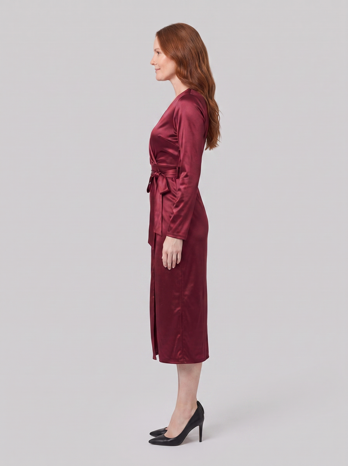 Ivette burgundy wrap dress, side view on model