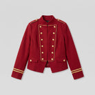 Ivy red velvet blazer with gold buttons, flat lay product shot
