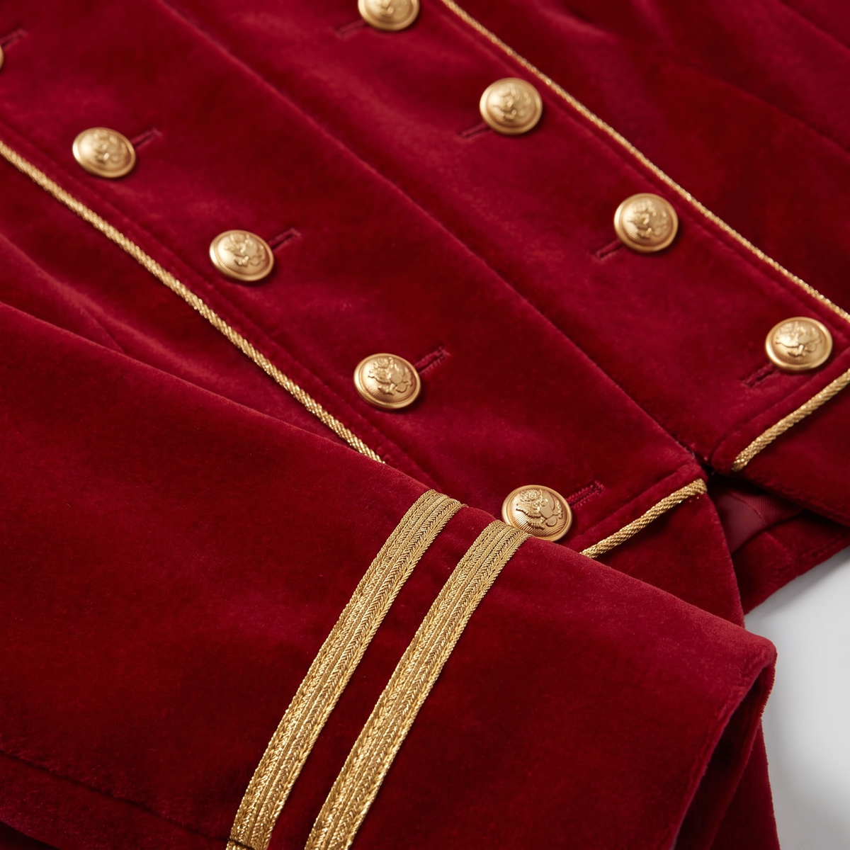 Ivy velvet blazer gold-tone buttons and braid trim close-up