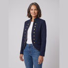 Ivy velvet blazer with gold-tone buttons in navy on model