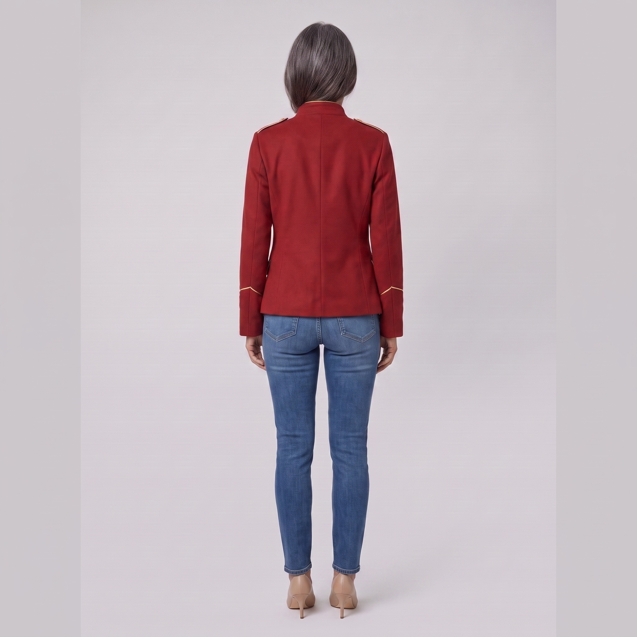 Ivy red velvet blazer with gold buttons, back view on model