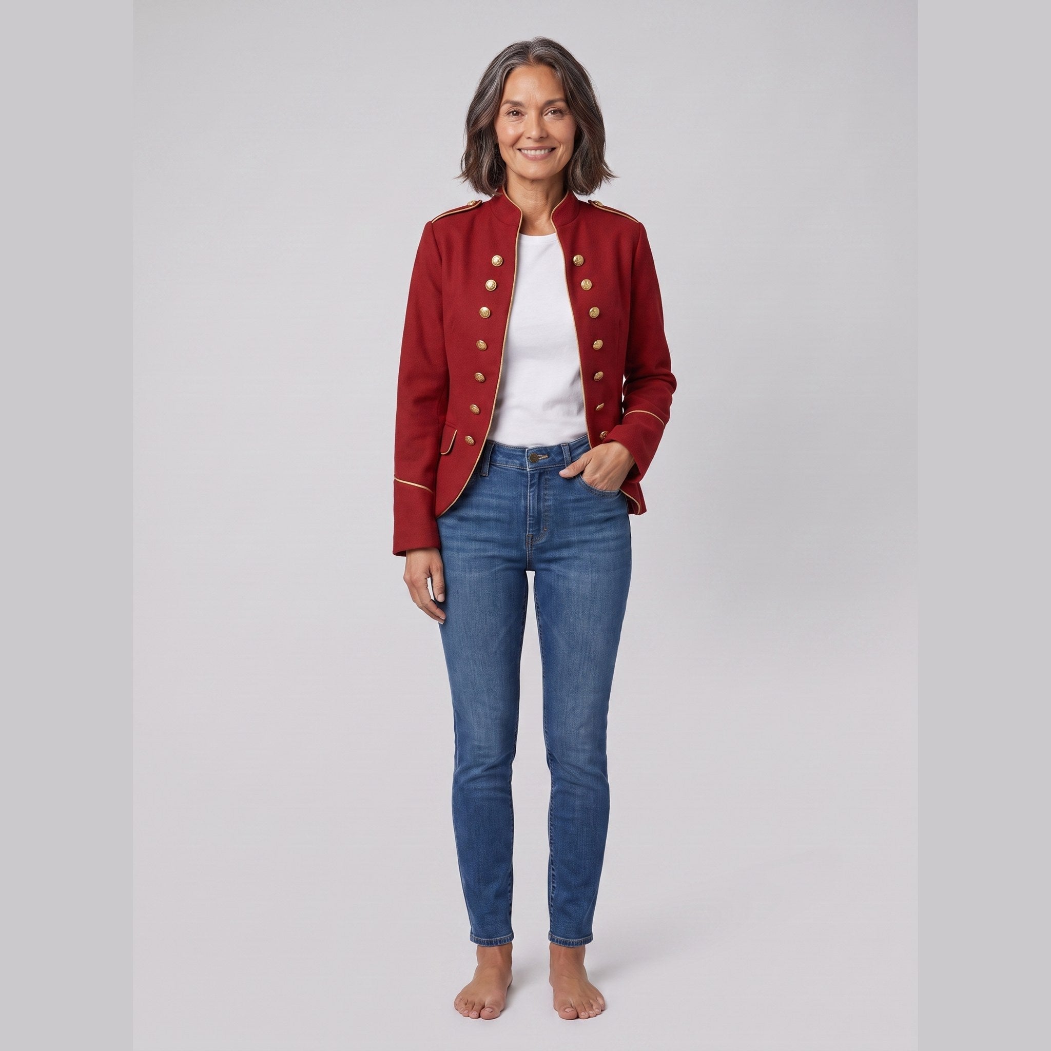 Ivy velvet blazer with gold-tone buttons in red on model