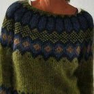 Close-up of women's green Scandinavian pattern wool blend jumper