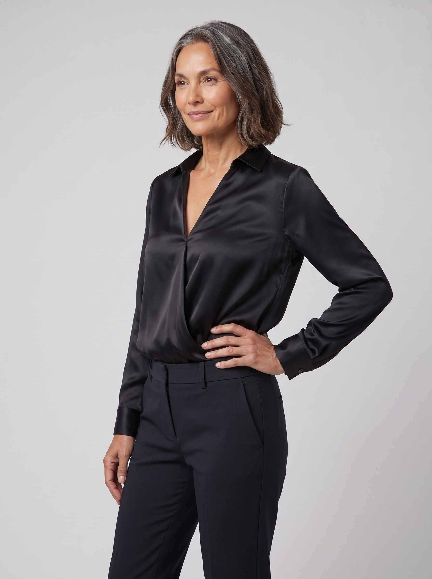 Lena metallic V-neck blouse in black on model