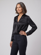 Lena metallic V-neck blouse in black on model
