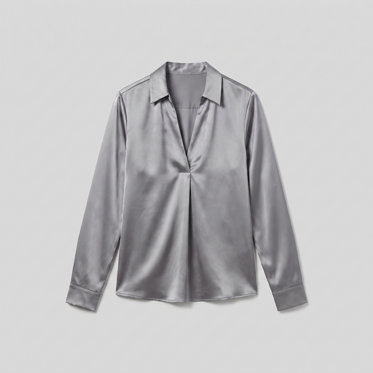 Lena metallic V-neck blouse in silver, flat lay product shot