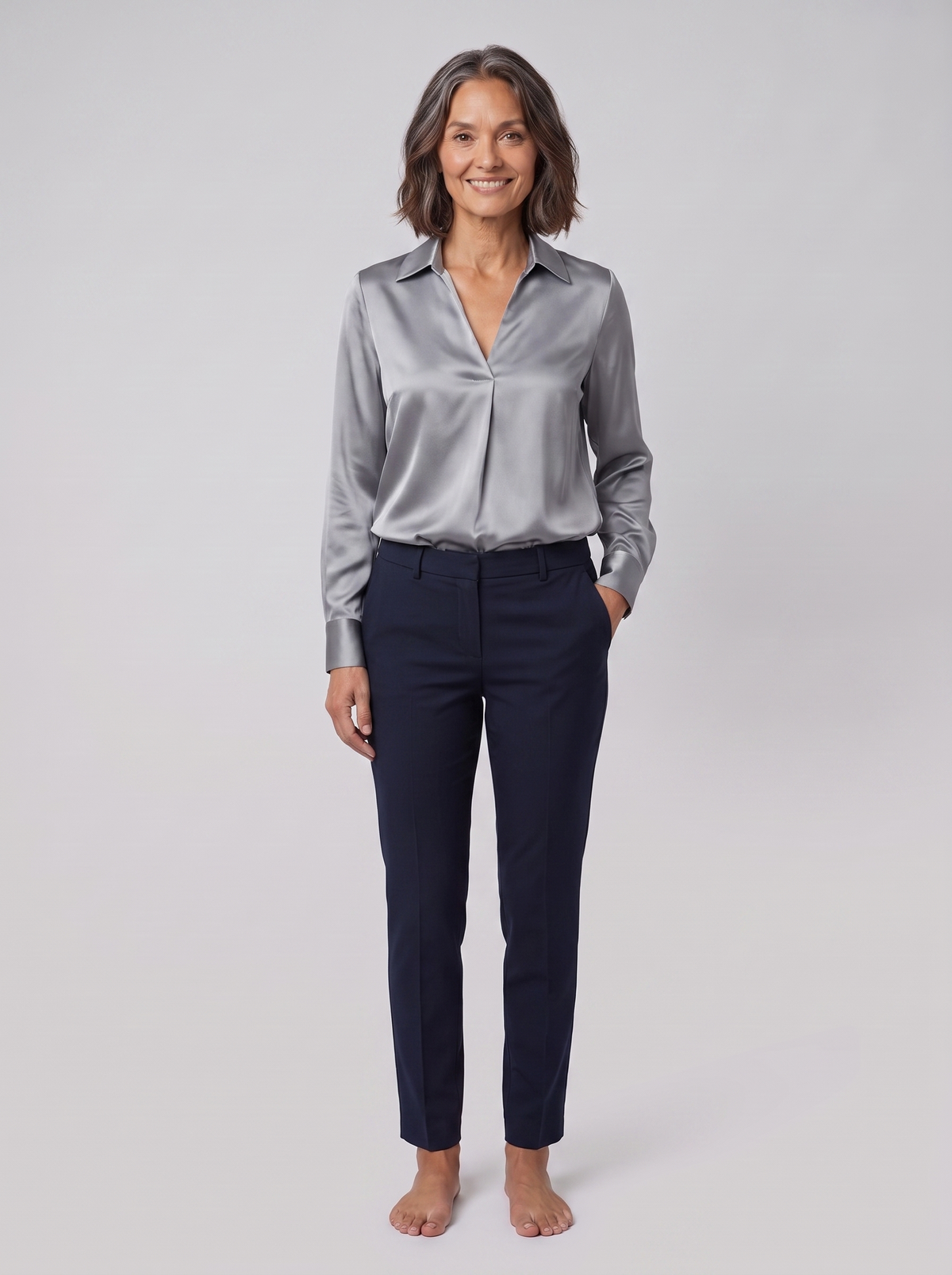 Lena metallic V-neck blouse in silver on model