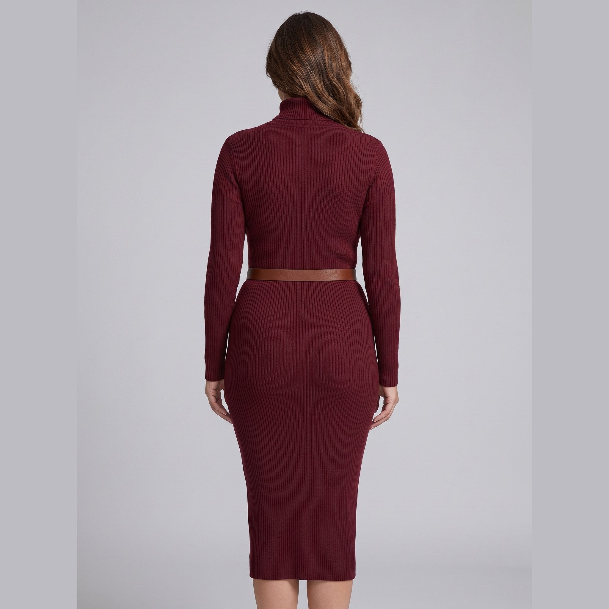 Liora stretch-rib turtleneck midi dress in burgundy, back view on model