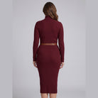 Liora stretch-rib turtleneck midi dress in burgundy, back view on model