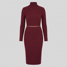Liora ribbed turtleneck midi dress in burgundy, flat lay product shot