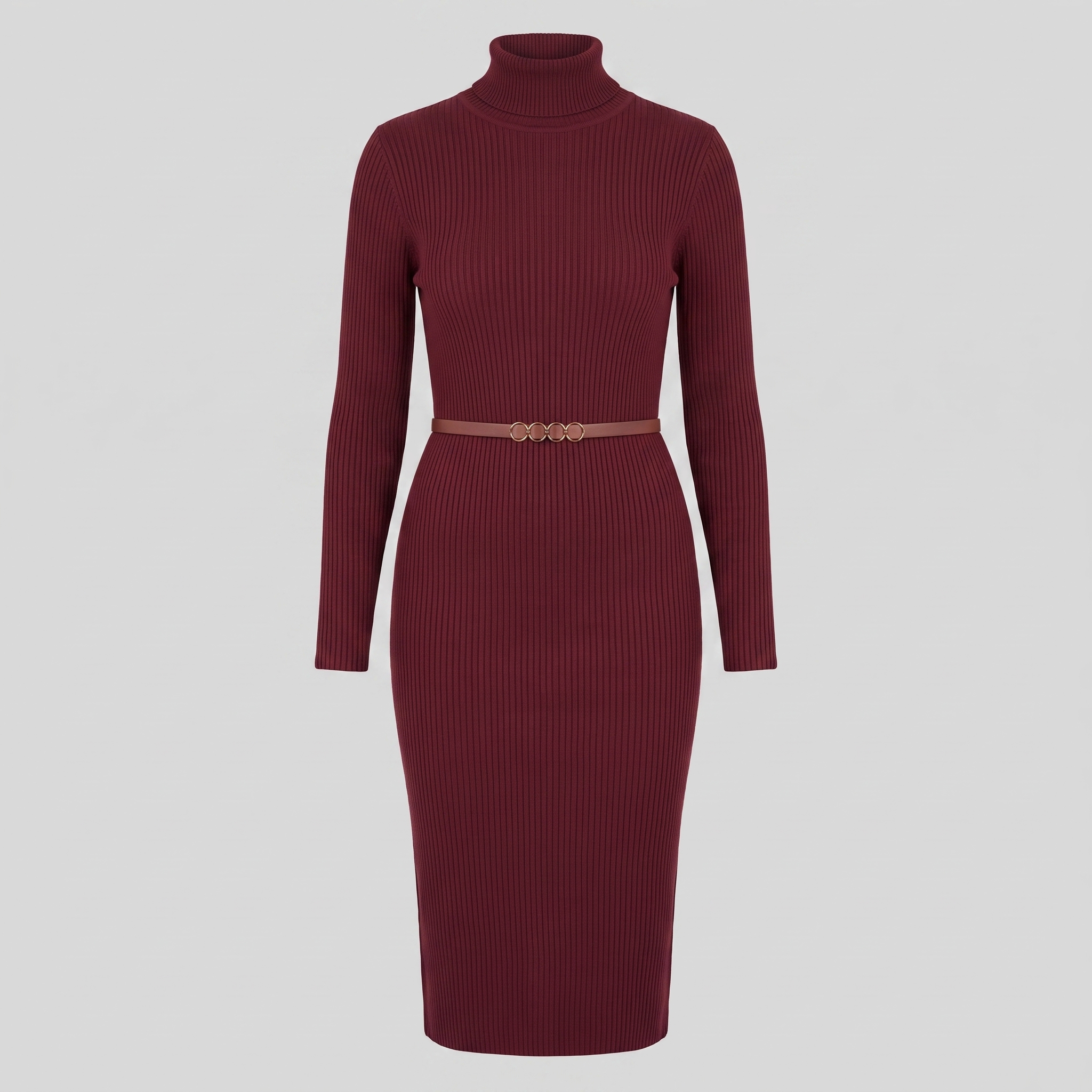 Liora ribbed turtleneck midi dress in burgundy, flat lay product shot