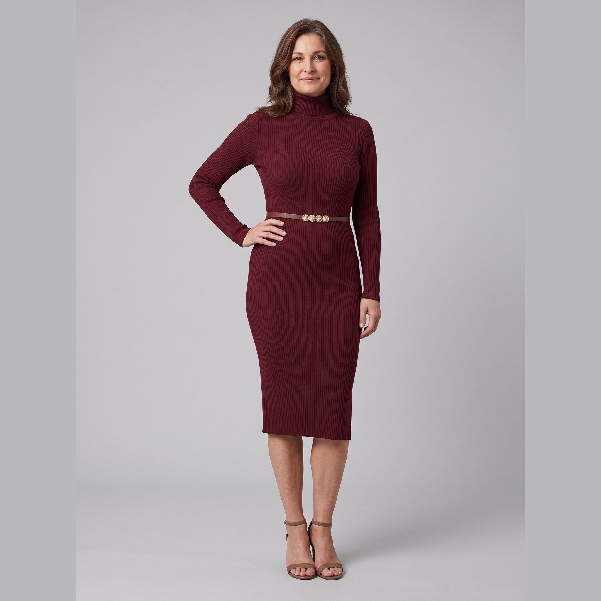 Liora stretch-rib turtleneck midi dress in burgundy, front view on model