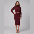 Liora stretch-rib turtleneck midi dress in burgundy, front view on model