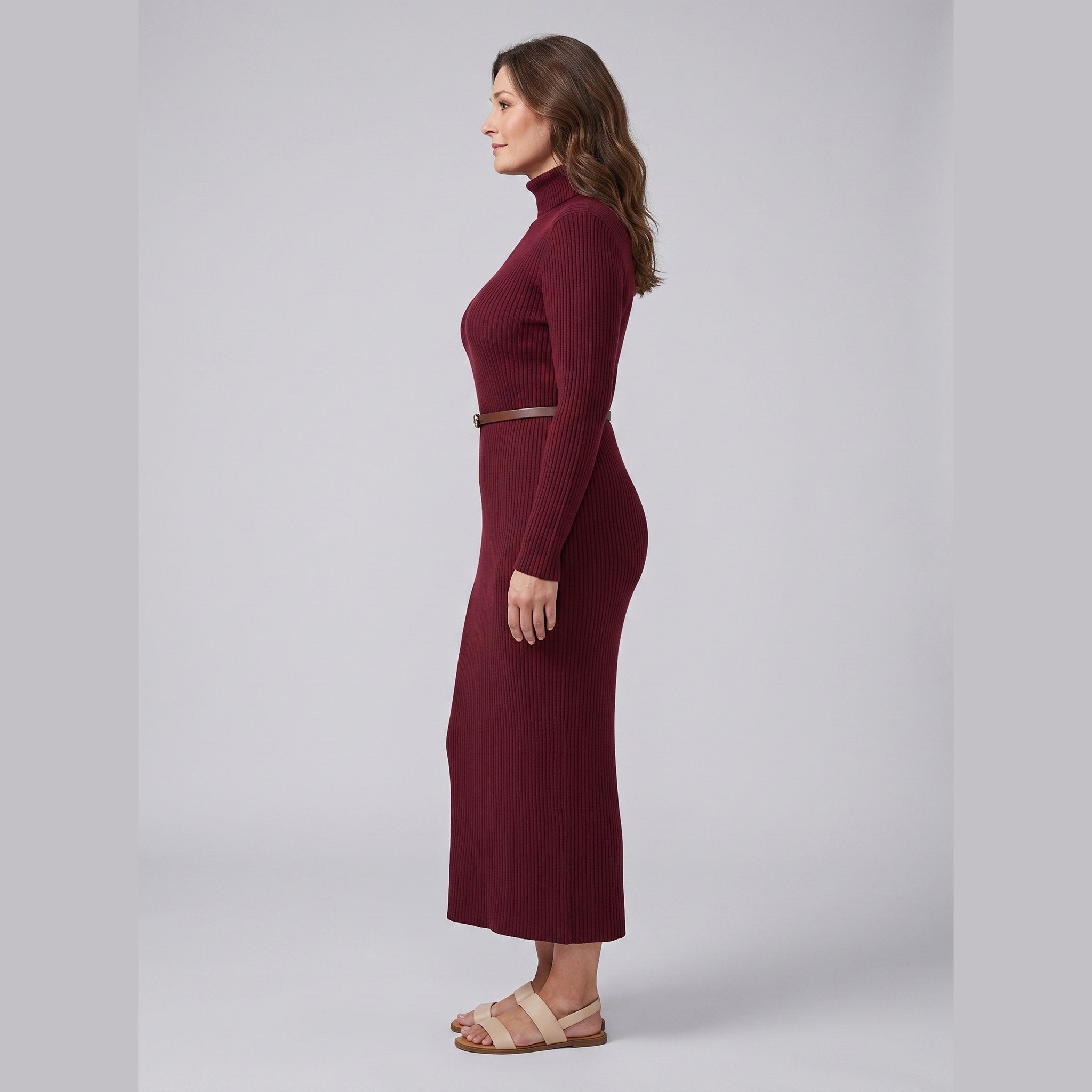 Liora stretch-rib turtleneck midi dress in burgundy, side view on model