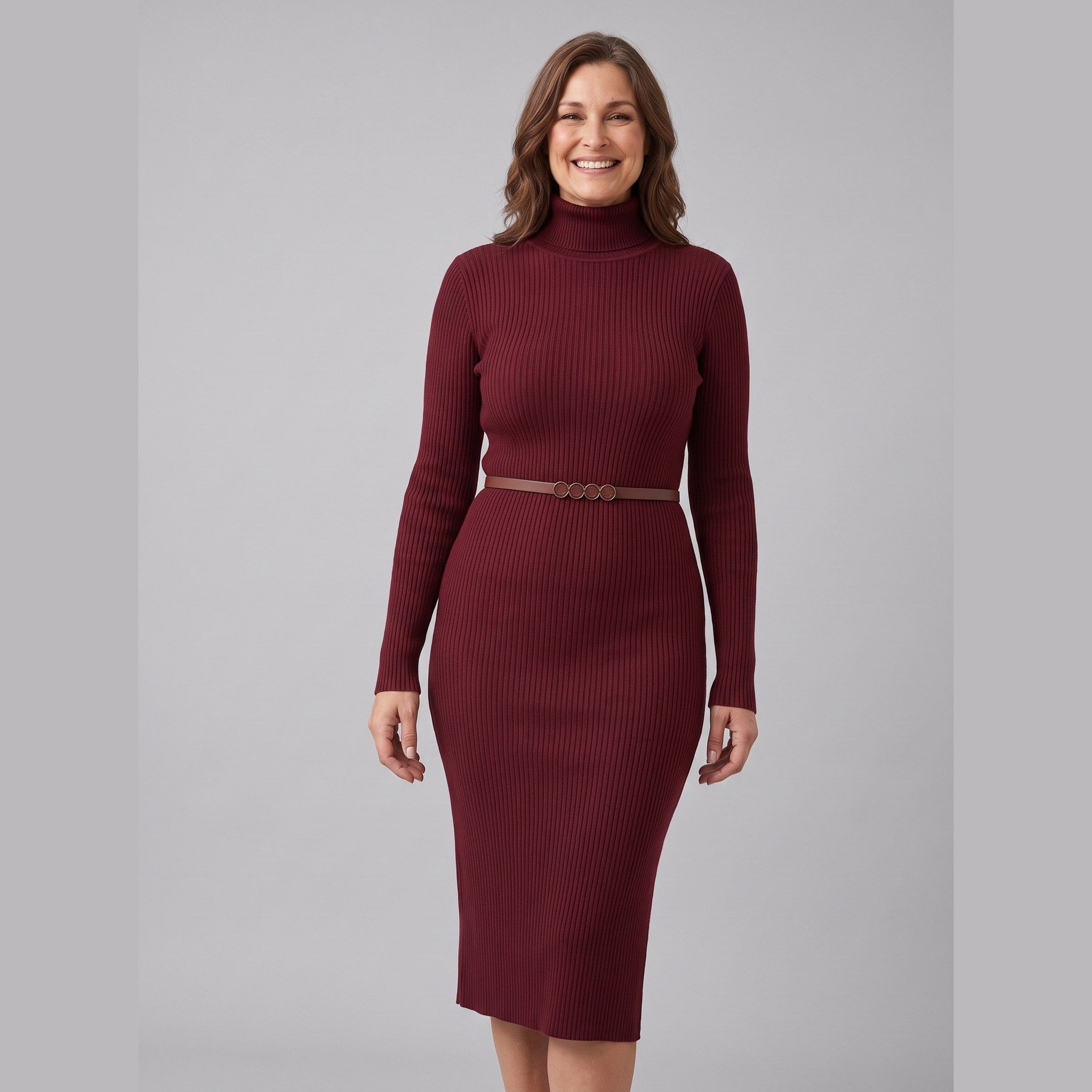 Liora stretch-rib turtleneck midi dress in burgundy on model