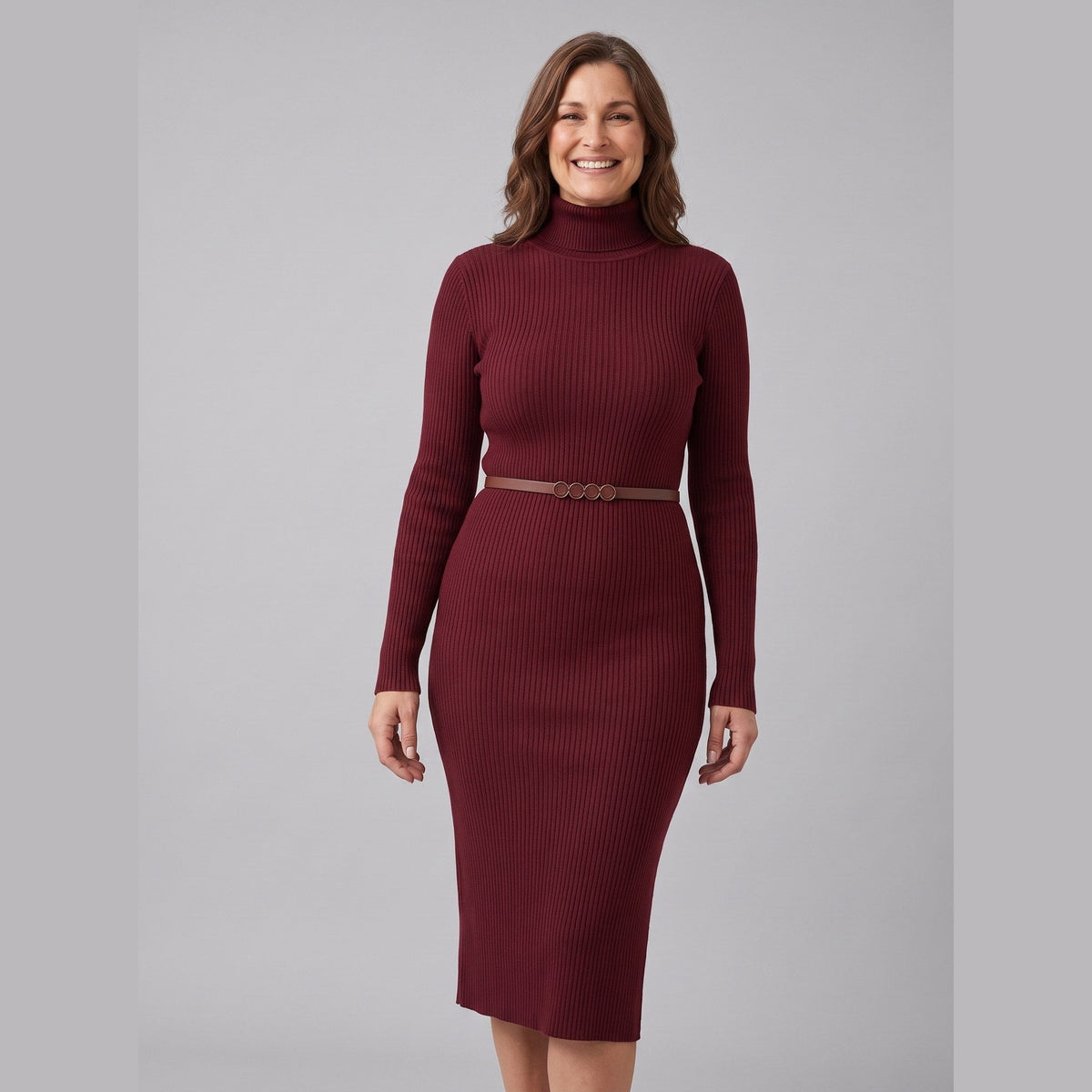 Liora stretch-rib turtleneck midi dress in burgundy on model