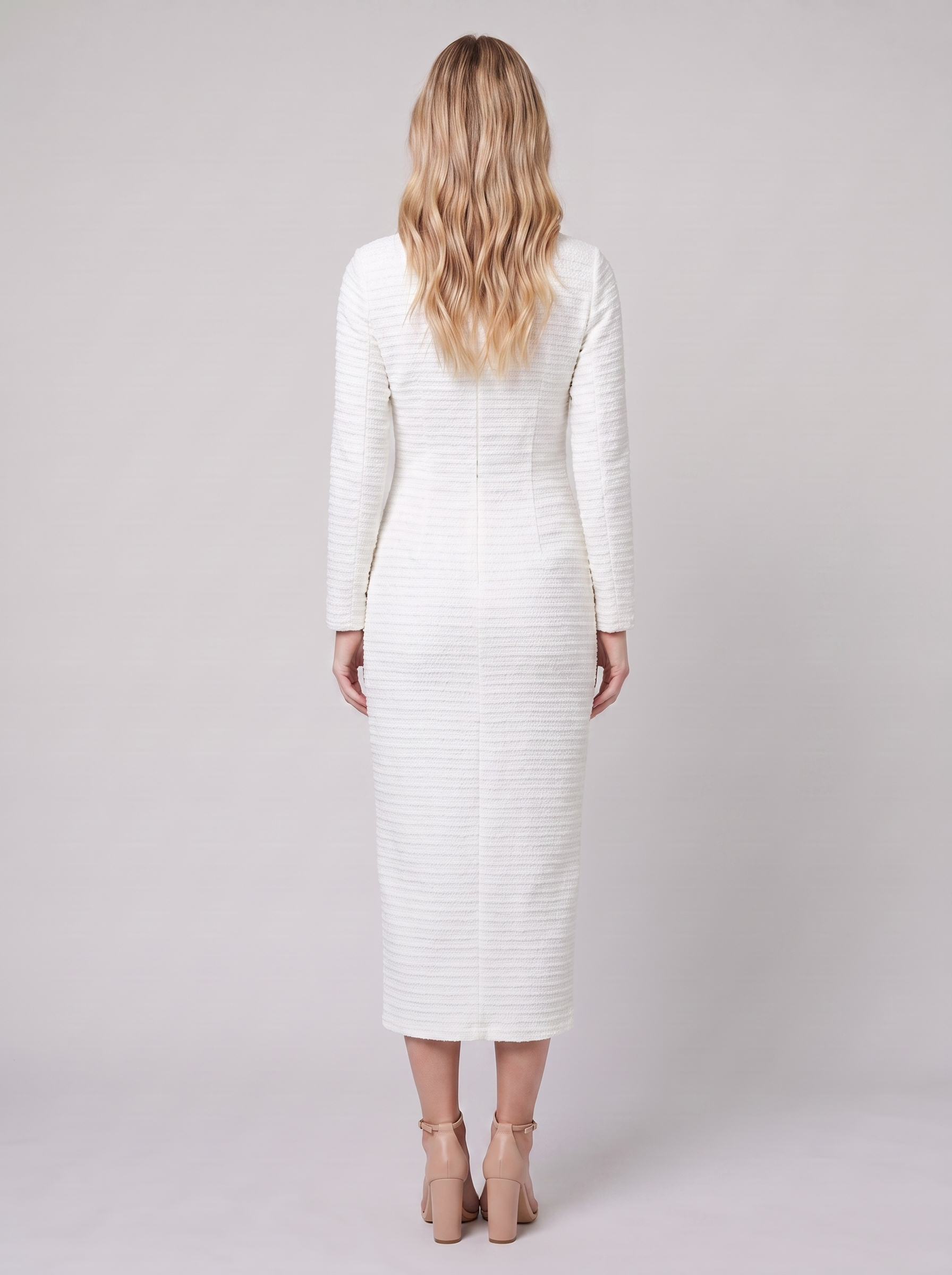 Lisette tweed boucle midi dress, back view on model