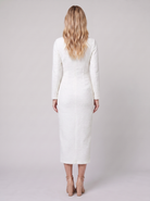 Lisette tweed boucle midi dress, back view on model