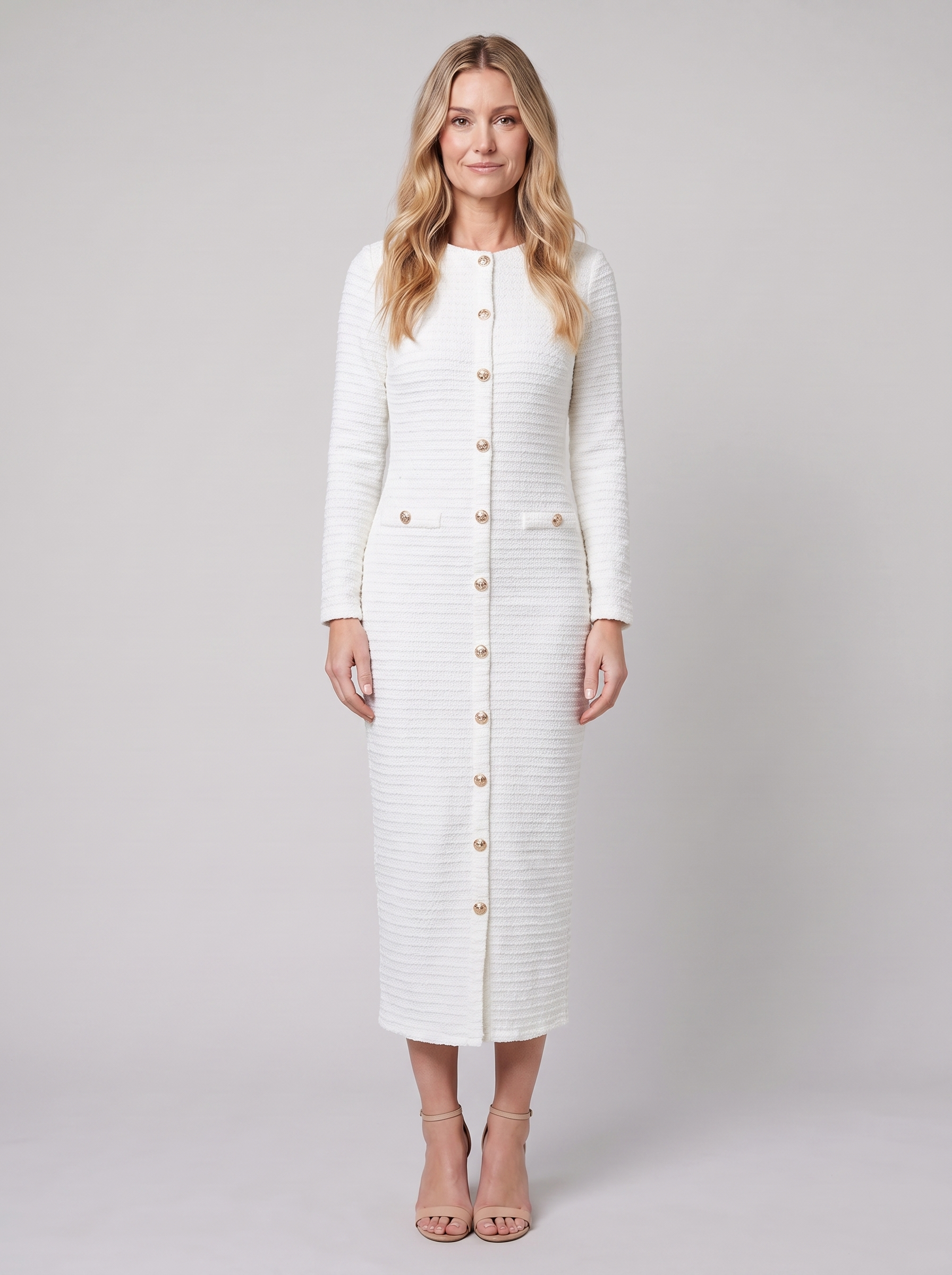 Lisette tweed boucle midi dress with gold buttons in cream on model