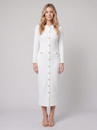 Lisette tweed boucle midi dress with gold buttons in cream on model