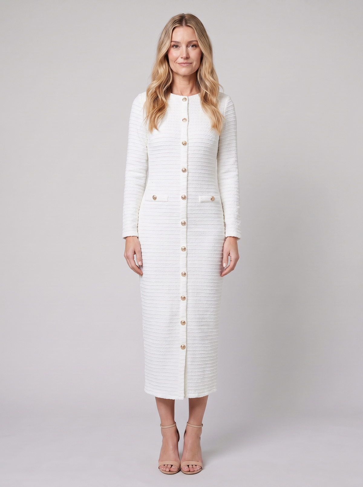 Lisette tweed boucle midi dress with gold buttons in cream on model