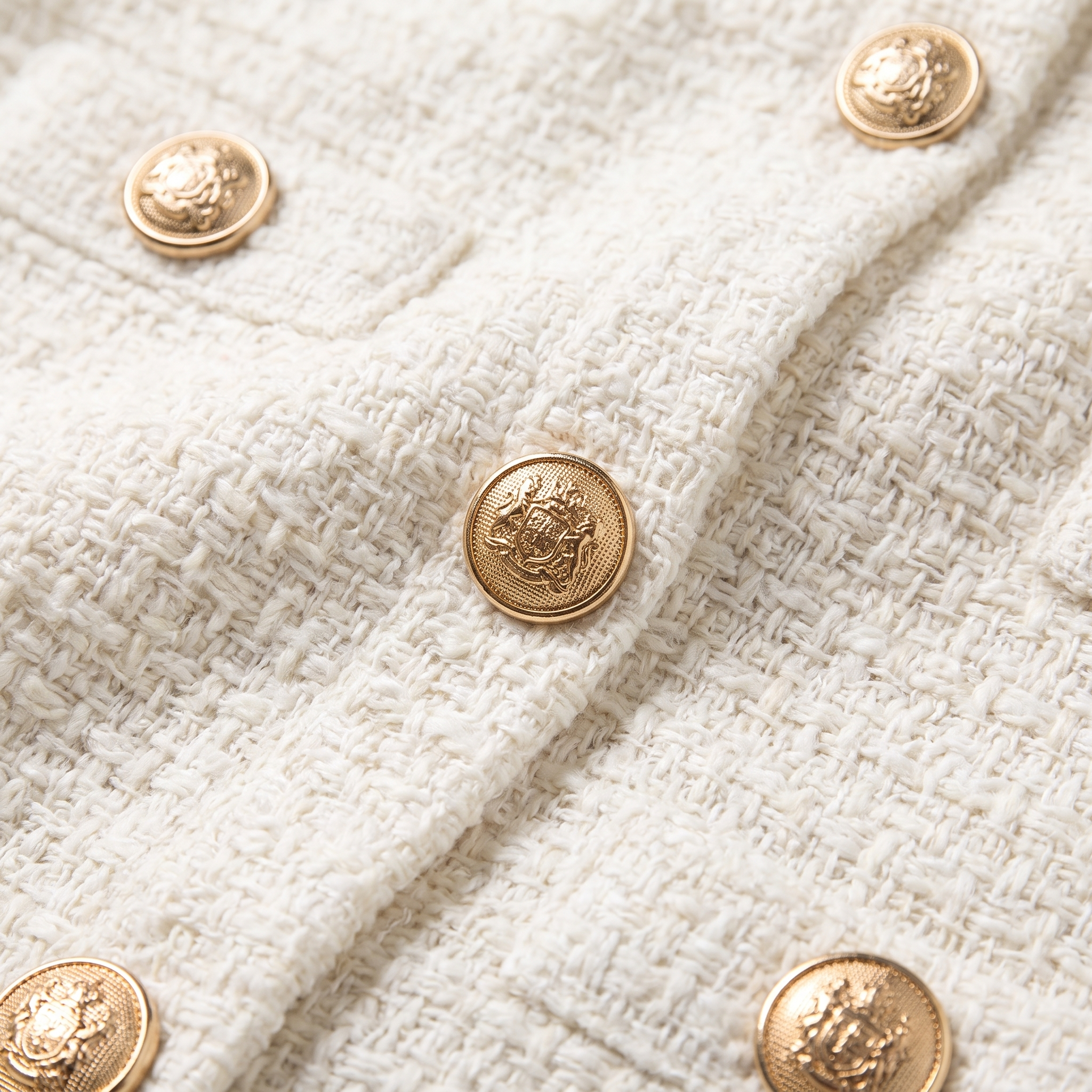Lisette tweed midi dress gold buttons and boucle texture close-up