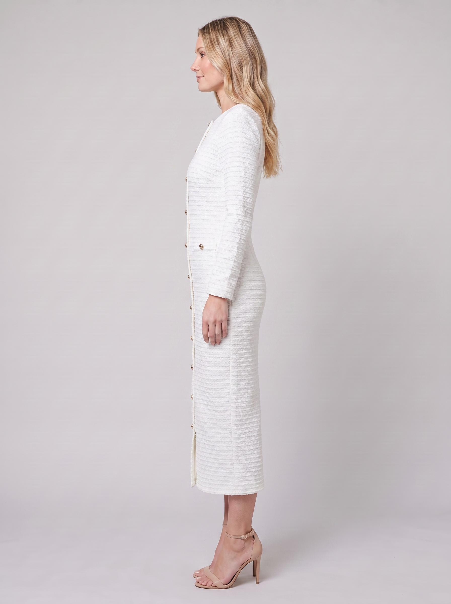 Lisette tweed boucle midi dress, side view on model