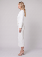 Lisette tweed boucle midi dress, side view on model