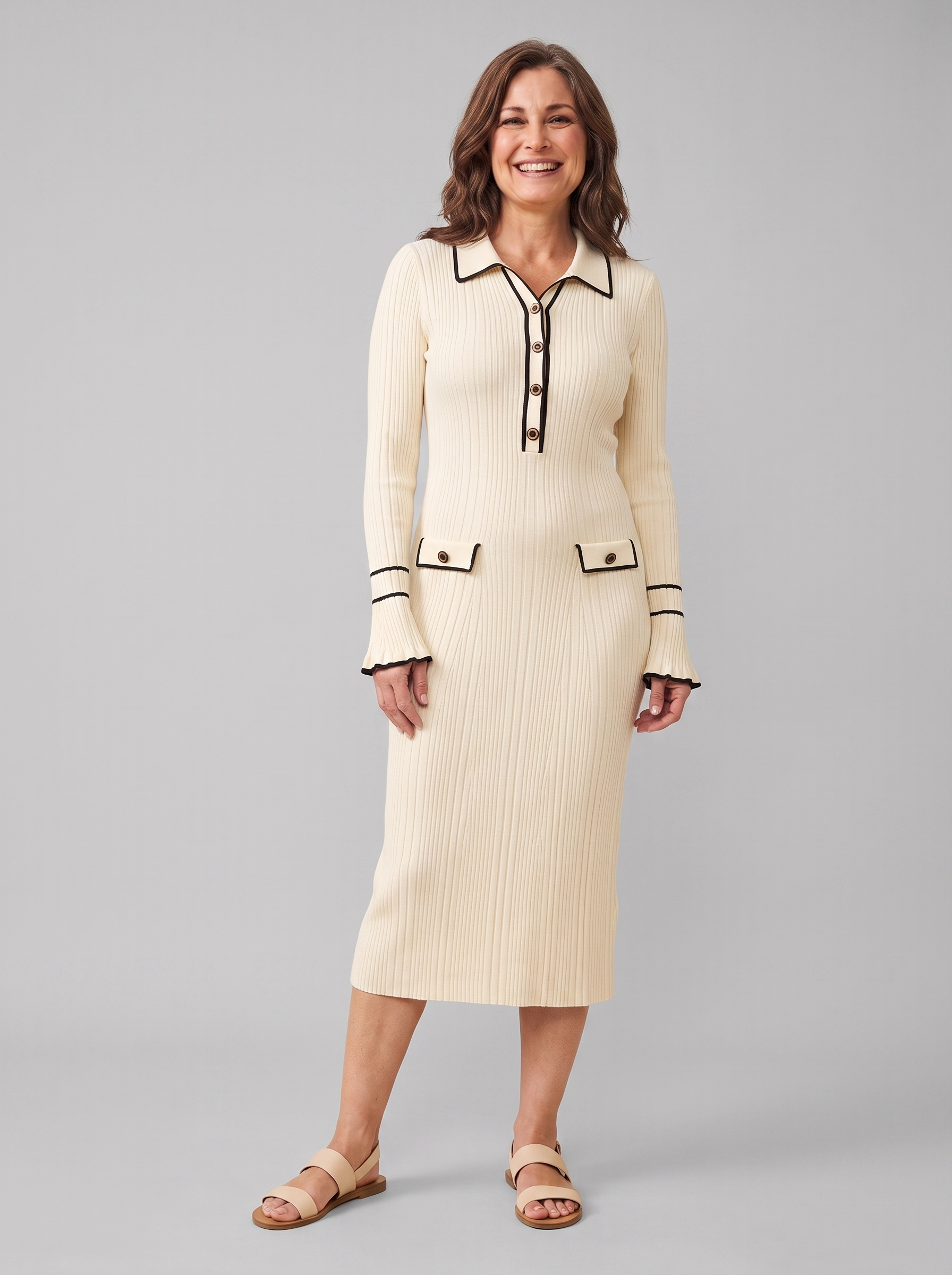 Livia ribbed contrast-trim midi dress in cream on model
