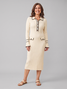 Livia ribbed contrast-trim midi dress in cream on model