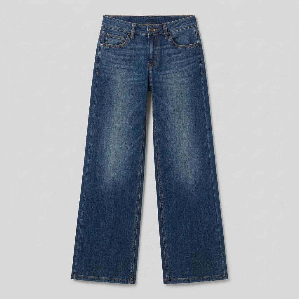 Maren high-rise wide-leg jeans in mid blue, flat lay product shot