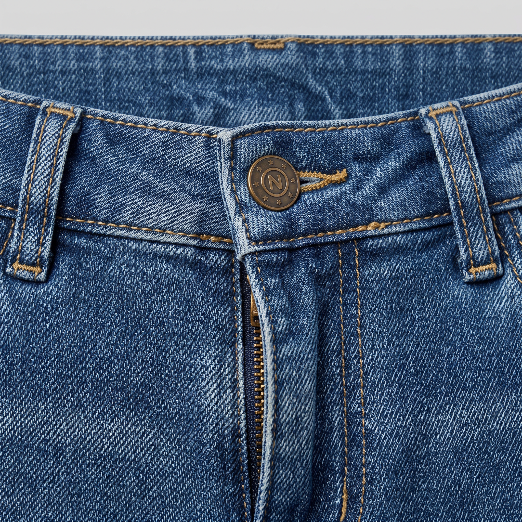 Maren wide-leg jeans waistband, button and denim weave close-up