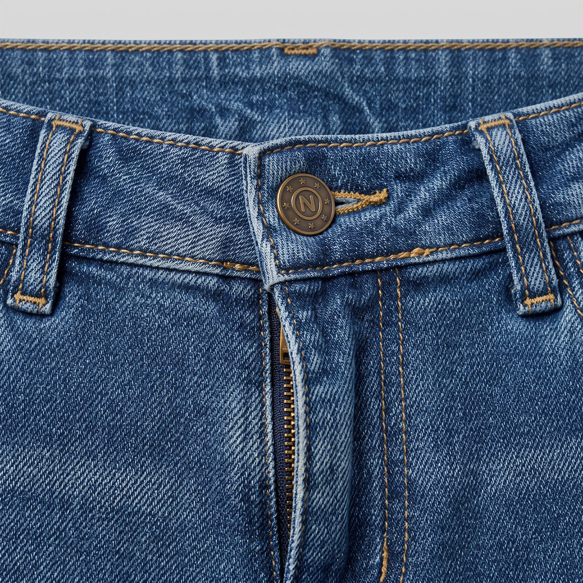 Maren wide-leg jeans waistband, button and denim weave close-up