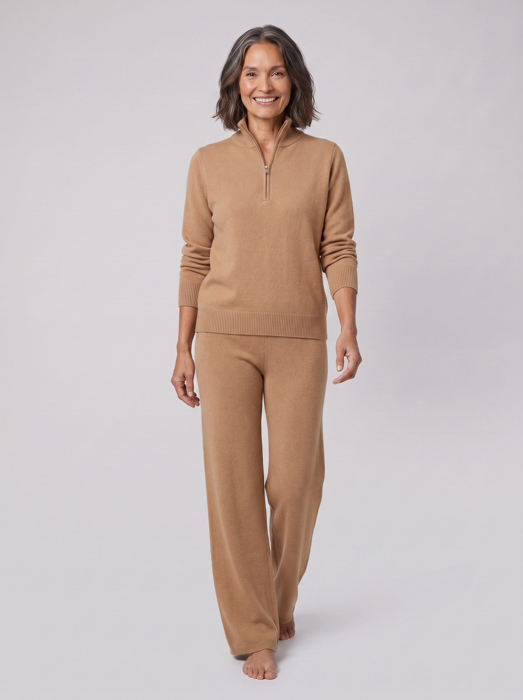 Margaux cashmere-blend half-zip lounge set in camel on model