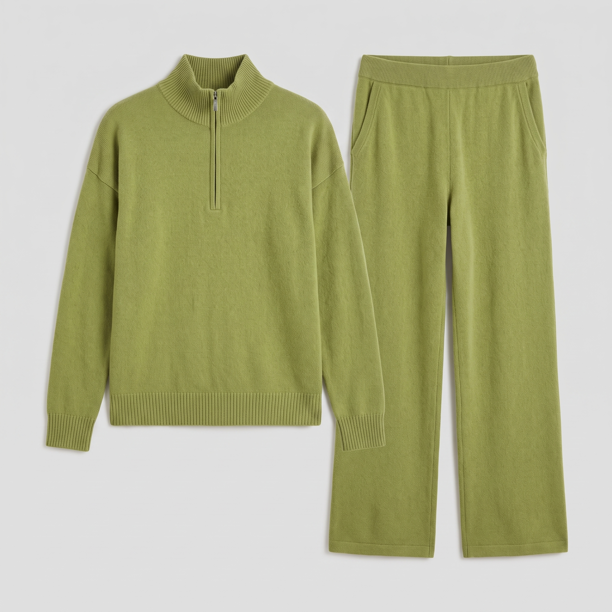 Margaux cashmere-blend lounge set in olive green, flat lay product shot