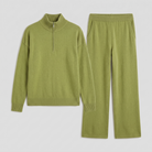 Margaux cashmere-blend lounge set in olive green, flat lay product shot