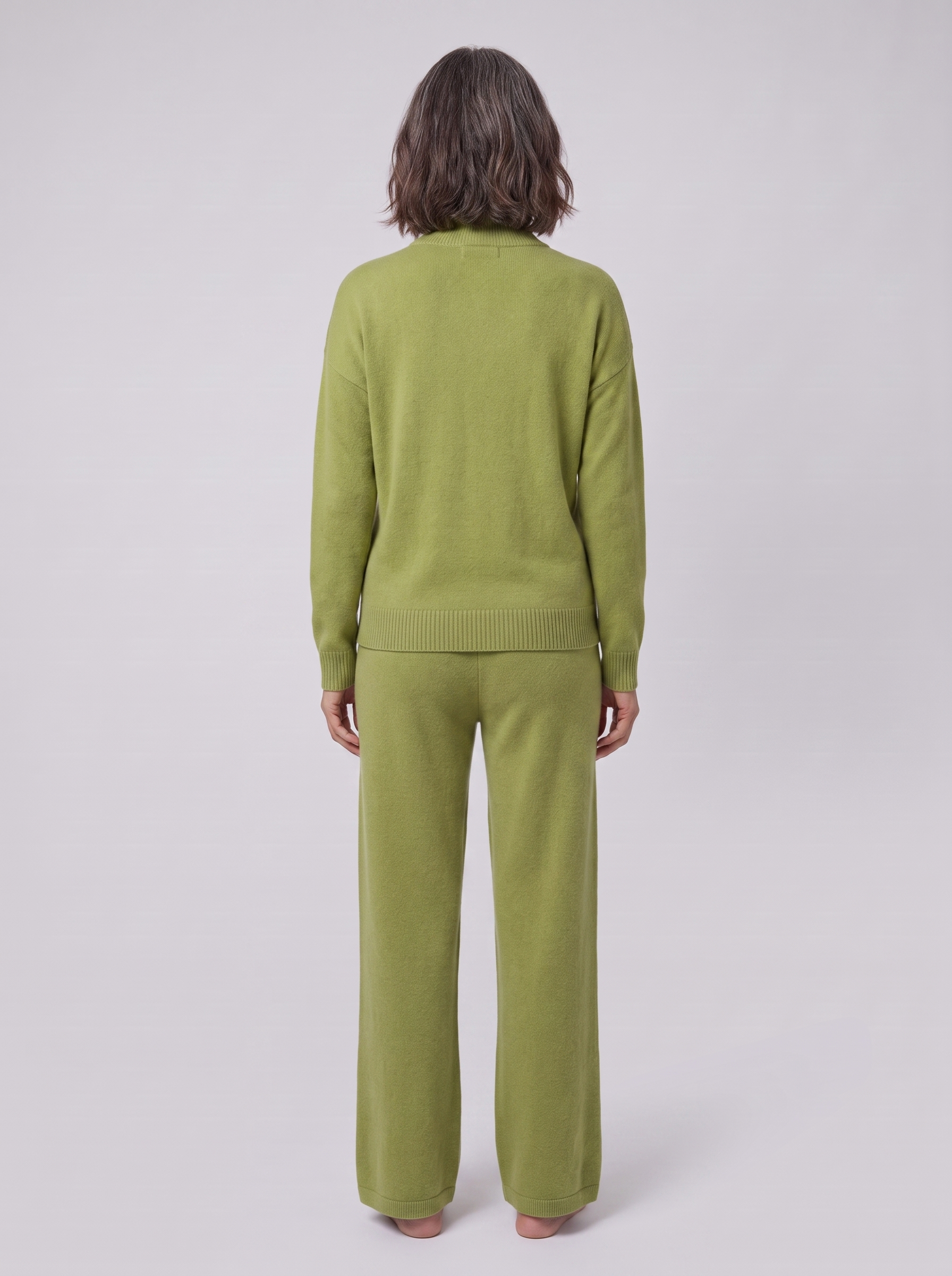 Margaux cashmere-blend lounge set in olive green, back view on model